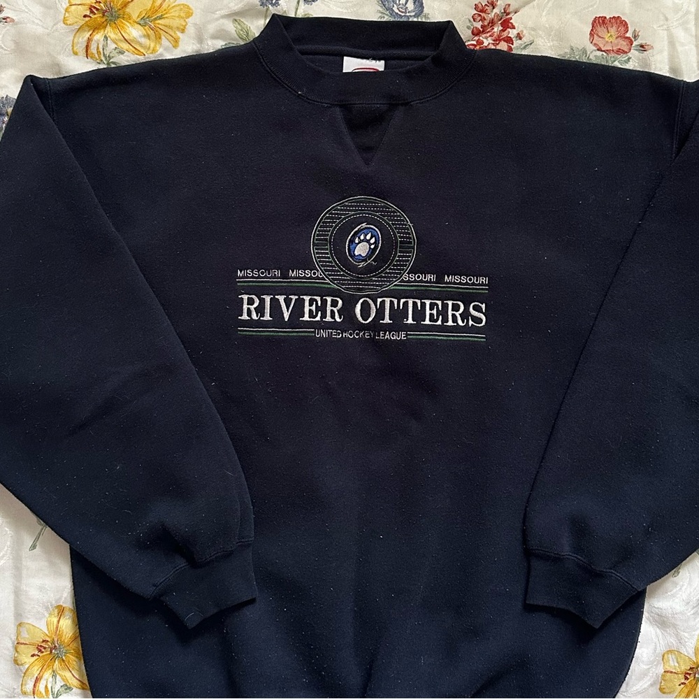 Vintage Cadre River Otters Hockey Crewneck sweatshirt navy blue Sz L